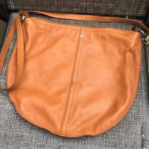 Tory Burch large flat hobo crossbody caramel leather